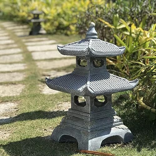 Buokaiw Farol de jardín zen para exteriores, estatua de jardín de pagoda de 2 niveles, linterna de piedra, estilo japonés para decoración de jardín zen y adorno de Navidad (gris oscuro)