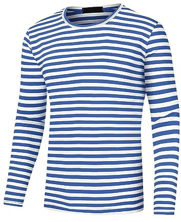 Lars Amadeus Striped T-Shirt for Men's Casual Crew Neck Long Sleeves Basic Pullover Tee Tops Blue White L