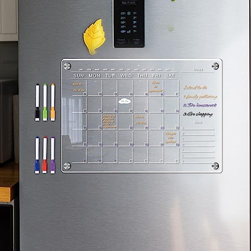 RANRAO Acrylic Magnetic Calendar, Magnetic Fridge Planner, Fridge Magnet Monthly and Weekly Calendar with 6 pens, Reusable Clear Acrylic Calendar Planner Board for Fridge