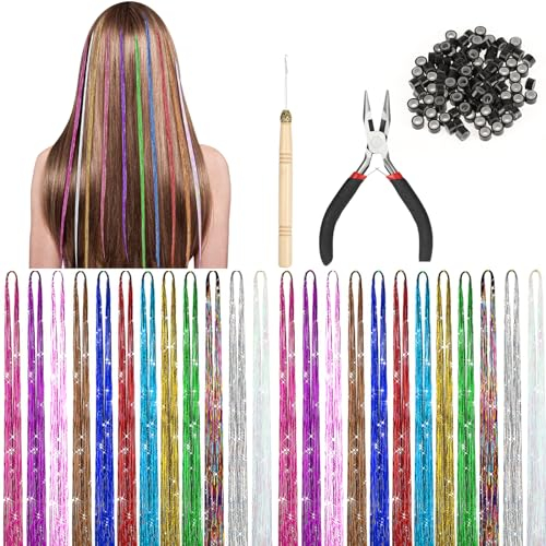 HIFOT 12 Colors Braiding Hair Tinsel Coloured Clip in Hair Extension for Braiding, Hair Glitter Hair Braiding Kit Crochet Hook Pliers with Beads Festival Accessories for Girls Women Party Cosplay
