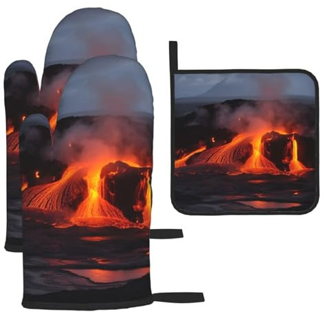 BTCOWZRV Ofenhandschuhe und Topflappen, 3-teiliges Set, Kilauea Vulkan, hitzebeständig, Ofenhandschuhe für Grill, rutschfeste Topflappen, Ofenhandschuh zum Backen, Kochen, Ofen