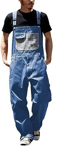 Salopette da Uomo, Pantaloni da Lavoro, Jeans Con Bretelle, Tuta a Gamba Lunga, Molte Tasche, Taglio Largo, in Denim, Streetwear, Blu, L