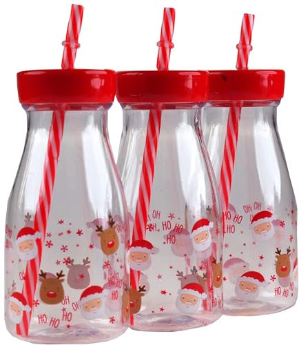 3 Christmas Novelty Milk Drinking Glass/Bottle With lid And Straw - HO HO HO