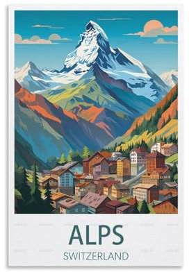 PuPLuM Vintage-Reiseposter Alpen Schweiz, 20 x 30 cm, Leinwand-Kunst-Poster für Wohnzimmer, Dekoration, Gemälde für Heimdekoration