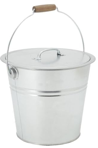 AUBRY GASPARD - Seau À Pellets/Cendres en Métal Galvanisé 10L avec Couvercle Hermétique - Anse Mobile et Poignée en Bois - Idéal pour Poêles et Cheminées - Gris - Ø31 H26-29 cm