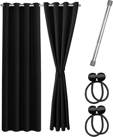 Cozyor Praktisches Set ohne Bohren: 2X Vorhang + 1x Klemmstange Silber 111-200 cm + 2X Raffhalter mit Magnet Blickdicht & verdunkelnd, als Raumteiler, Fenster & Tür Schwarz Thermovorhang 175x135cm