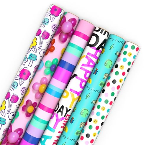 Hallmark Geschenkpapierrollen zum Geburtstag - Blumen, Streifen, Rosa, Blaugrün und Schwarz Polka Dots Geschenkpapier (Set mit 6 Rollen: 180 sq. ftl.)