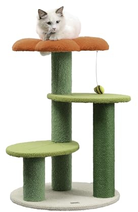 THE LICKER STORE CTR1007A Poppy 29 3-Tier Modern Jute Flower Cat Tree with Dangling Toy, Orange/Green