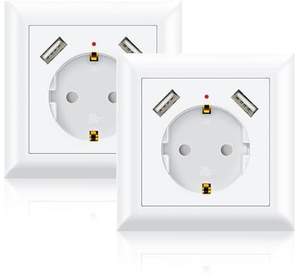 Steckdose mit 2 x USB, 2 Stück USB-Steckdosensystem, USB Steckdose System, Passt in Standard Unterputzdose,für Smartphone, Tablet, Weiß