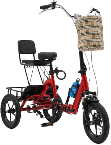 TESUGN Dreirad für Erwachsene 14 Zoll, Faltbares Dreirad Premium-Fahrrad mit Abnehmbaren Vorderen und Hinteren Aufbewahrungskörbe, SitzhöHe Verstellbar, 3-Rad Fahrrad Citybike-Dreirad, Rot