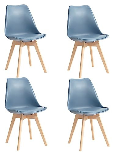 DEYARNA HOME Pack 4 Sillas de Comedor Nordicas, Sillas de Cocina con Cuero Tapizado Cojín y Patas de Madera de Haya, para Comedor, Salón, Dormitorio, Cocina (Azul Oscuro)