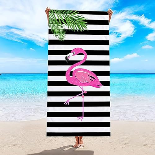Serviette de Plage Flamant Rose Rayé Serviette Microfibre Douce Lavable Serviette de Bain Portable Serviette Plage pour Plage Piscine Camping Fitness Drap de Plage 100x200cm