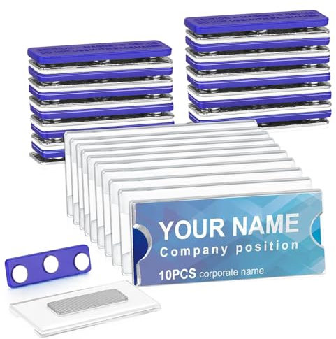 Namensschilder Magnet, 10 Stück Namensschilder für Kleidung, Namensschild Magnetisch, Ausweishalter mit Acryl-Zeichen-Displayhalter, Magnetschilder Selbstklebend mit 3 Punkt Magnet (Blau)