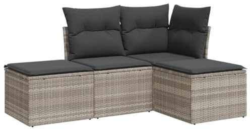 vidaXL Garten Sofa Garnitur 4-TLG., Gartenmöbel Set mit Kissen, Sitzgruppe für Garten Terrasse, Modular Gartensofa Hocker Lounge, Hellgrau Poly Rattan