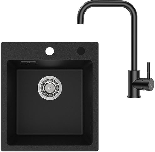 CECIPA Fregadero de granito con grifo negro, grifo de cocina, fregadero negro, fregadero de cocina rectangular, de granito, 40 x 45 cm