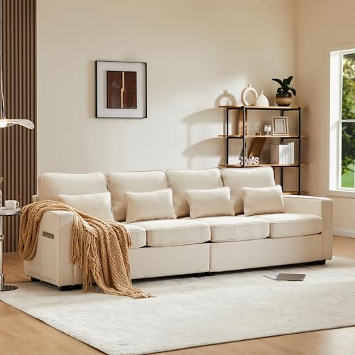 Sapgaks Modernes 4-Sitzer-Sofa aus Leinenstoff mit Armlehnentaschen und 4 Kissen, einfacher Stil, geeignet für Wohnzimmer, Wohnung, Büro, Beige