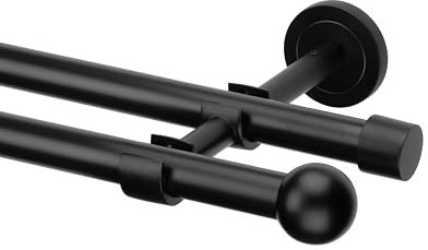 Ventanara® Gardinenstange schwarz matt 19mm 2-läufig mit Endstücken und Halterungen für Wandmontage (Kugel, 200 cm / 2-läufig/Wand)
