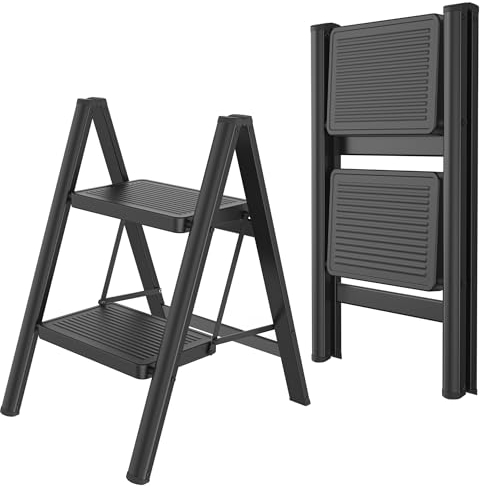 Aufun Trittleiter 2 Stufen, Klappleiter mit breitem Anti-Rutsch-Pedal, Haushaltsleiter Multifunktionale Tritthocker Einfach zu Verstauen bis 270kg Belastbar, Stufenleiter für Haushalt, Büro, Schwarz
