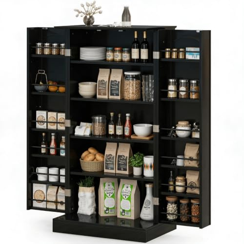 TANGZON Kitchen Cupboard, Kitchen Pantry Cabinet with Doors & Adjustable Shelves, Space Saving Larder Storage Cupboard Organiser for Dining Room Living Room Entryway (Black, 60 x 40 x 120cm)