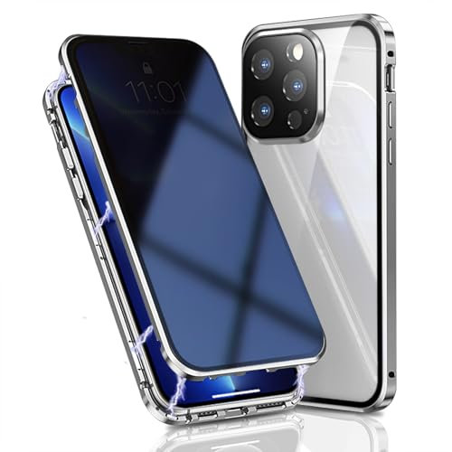 OMGZONE Privacy Case for iPhone 16 Pro Max Magnetic Cover,Screen Protector built-in Anti-peep Tempered Glass Full Cover with Camera Protector,360 Degree Metal Bumper Case for iPhone 16 Pro Max,Silver