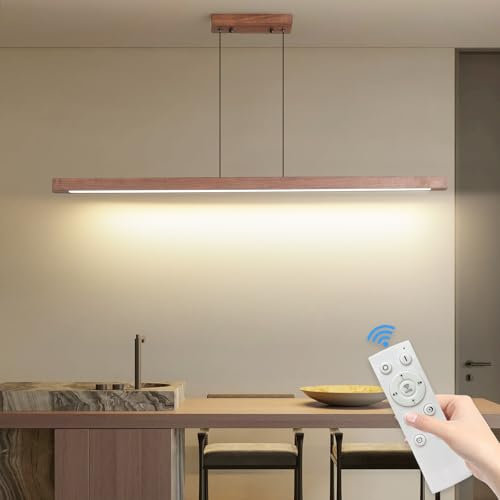 Mikeru 120cm Walnuss LED Pendelleuchte, Modern Esszimmer LED Hängeleuchte Von 1cm bis 150cm Höhenverstellbar 10% bis 100% Dimmbare Beleuchtung Licht 3000k/4500k/6500k für Wohnzimmer