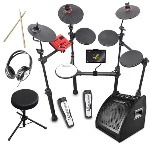 Carlsbro CSD100RBP1 7-Piece Compact Electronic Drum Kit with 10 Electronic Drum Monitor, Phone/Tablet Mount, Stool, Headphones & 50 Free Online Drum Lessons – Perfect Electric Drum Set for Beginners