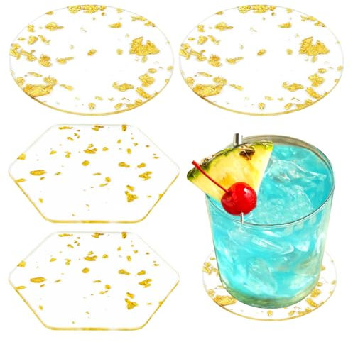 sous Verre en Acrylique avec Feuille d'or, Dessous de Verre Antidérapants, Dessous de Plat Verre, sous-Bock Rond Design de Plat, pour Cuisine, Salon, Café, Bars, Boissons(4 Pièces, Rond et Hexagonal)