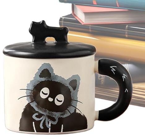 Lnhgh Taza de café de cerámica con tapa, taza para pareja de cerámica - Taza para pareja de gatos con tapa,Taza linda y divertida para café, bebidas calientes o frías, leche y té