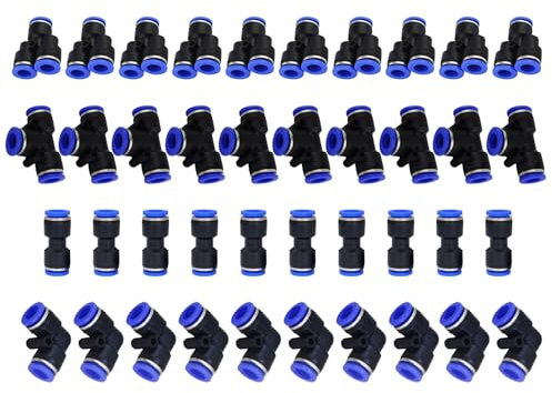HAXIHA 40 Pièces 1/4 Connecteur Pneumatique, OD 6mm Raccord Rapide Air Comprimé,10 Straight 10 Coudes 10 Té 10 Séparateurs Bleu