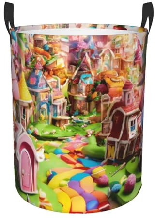 Candy Land Print - Cesto portabiancheria rotondo con manici, per camera da letto e soggiorno