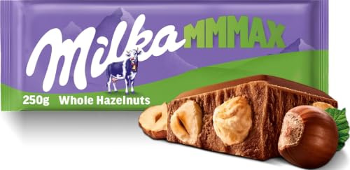 Milka Mmmax Alpine Milk Chocolate Bar with Whole Hazelnuts 250 g (1-Pack) | Large Creamy Chocolate Packed with Crunchy Whole Hazelnuts for a Rich Snacking Experience