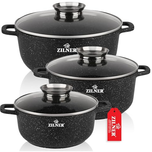 Kochtopf Set Induktion - Topfset mit Glasdeckel - Töpfe für alle herdarten - Antihaftbeschichtung- ZILNER® (3, Shwarz)