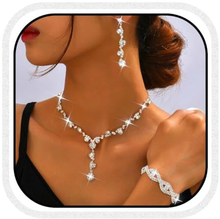 Fashband Silberne Braut-Halskette mit Quasten und Ohrringen, Brautschmuck-Set für Hochzeit, Strass, Abschlussball-Halsketten für Frauen