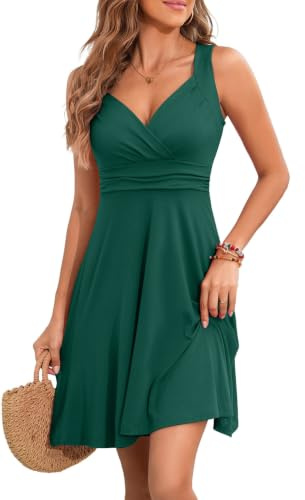 YUTILA Sommerkleid Damen V-Ausschnitt Ärmelloses Strandkleid | Leicht und Luftig, Viskose, Weiches, Elastisches Material, Midi, Blumenmuster & Einfarbig, Knitterarm & Reisefreundlich
