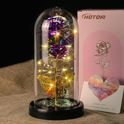 Birthday Gifts for Women, Christmas Glass Rose Flowers Gift, Artificial Flower Rose Gifts for Women, Mom, Wife, Lover, Colorful Rainbow Light Up Rose Flowers in A Glass Dome for Wedding, Birthday