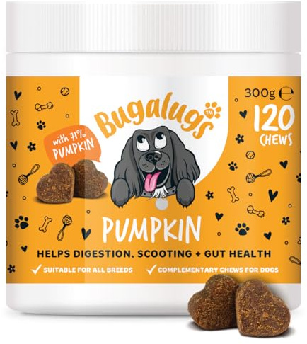 Bugalugs Dog Chews with Pumpkin Powder For Dogs - Natural Dog Treats with Pumpkin Puree. Grain free dog treats rich in Prebiotics & Fibre for dogs helps Digestion, Scooting + Gut Health - 120 chews