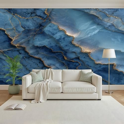 Mural Wallpaper Gold Leaf Marble Navy Blue Non-Woven Wall Mural Decoration Poster Picture Photo Wallpaper 400x280cm(W x H) Luxury Marble Wall Paper for Home Living Room Bedroom Kitchen