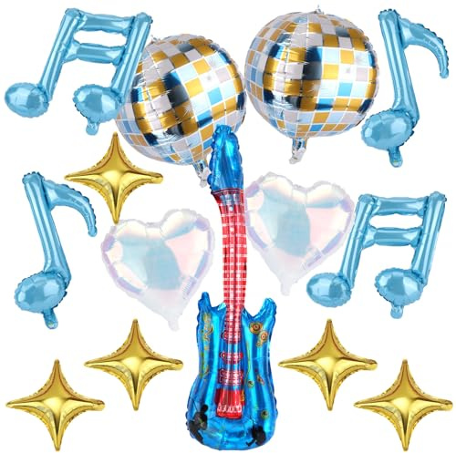 lasuroa 14stk Gitarrennoten-Luftballons, Musikparty-Dekorationen Gitarren-Musiknoten Discokugel Vierzackiger Stern Herzförmige Luftballon für Konzerte Geburtstagsfeiern und Themenveranstaltungen(Blau)