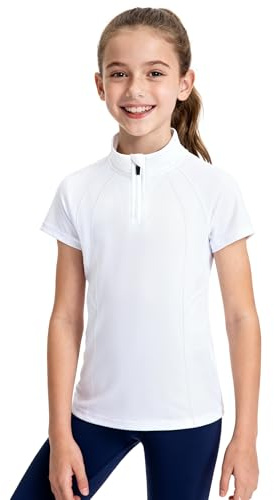 JOCMIC Girls Short Sleeve Equestrian Shirt Horse Riding Shirts Half Zip Kids for Golf Yoga Running White 13-14 Years