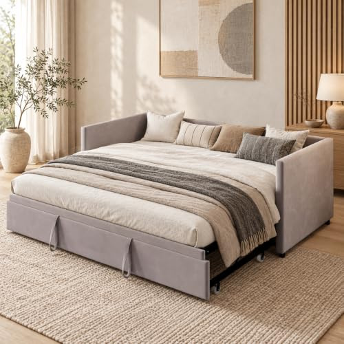 ZSSWSS Schlafsofa 90/180x200 cm Ausziehbar, Tagesbett mit Gästebett und Ausziehbett, Samt Polsterbett Schlafcouch 2‑Sitzer zum Doppelbett, Bettsofa für Wohnzimmer oder Gästezimmer, Grau