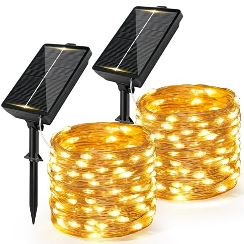 Bowfar 2 Pack Solar Fairy Lights Outdoor, 12M 120LED Garden String Lights | 8 Modes Waterproof Copper Wire Garden Lights with 1200mAh Solar Panel for Patio Yard Wedding Party Christmas, Warm White