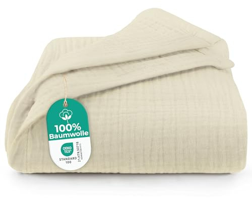Dreamzie Musselin Tagesdecke 220x240 cm – Baumwolldecke Oeko-Tex Zertifiziert – Atmungsaktive Kuscheldecke – leichte Kuscheldecke Baumwolle als Sofa-, Bett- & Couchüberwurf – Elfenbein