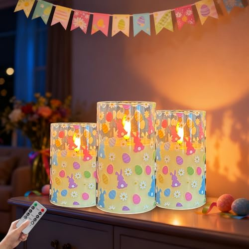 Osterdeko LED Kerzen mit Fernbedienung Timer, 3er Pack Outdoor Wasserdicht Flammenlose Kerze mit Hase Osterei, Ostern Deko Elektrische Kerzen Osterkerzen Batteriebetriebene für Osterdekoration