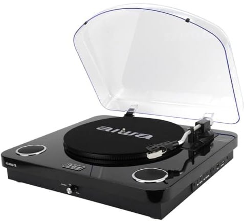 AIWA – Giradischi LPS-25BK | 3 velocità 33/45/78 giri; Bluetooth 5.4; Speaker integrati 2×5W; USB/Audio RCA; Radio FM, Colore Nero
