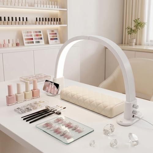 HomdMarket Halbmond-Lampe 47cm Nail Desk Lampe 3 Modi 3000K-6000K Dimmbare LED Maniküre Licht, 15W Nageltisch Lampe, Schreibtischlampe für Nail Tech, Wimpernverlängerung, Tattoo, Augenbrauen(Weiß)