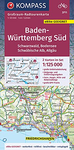 KOMPASS Großraum-Radtourenkarte 3711 Baden-Württemberg Süd, Schwarzwald, Bodensee, Schwäbische Alb, Allgäu 1:125.000: 2 Karten im Set, reiß- und wetterfest, GPX-Daten zum Download