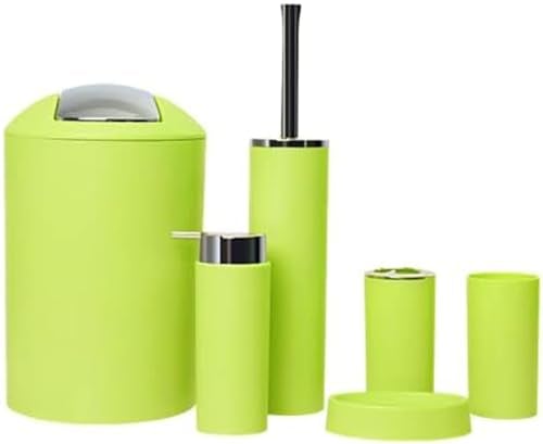 6tlg Badset Badezimmer Zubehör Set Organizer: Seifenspender, Zahnputzbecher, Kosmetikeimer, WC Bürste und Halter, Seifenschale, Mülleimer, Zahnbürstenhalter, Badgarnitur (Grün Design 2a)