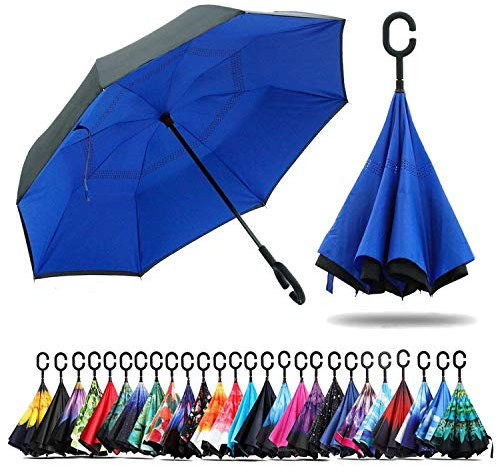 NNY Inc Parapluie double face coupe-vent et protecteur contre les UV - Pliable - Parapluie droit inversé pour hommes et femmes - Autoportant - Poignée en forme de C - pour golf/voitures (bleu)