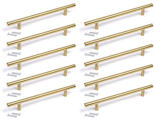 BSM Marketing T bar Handle Knob Gold Finish Kitchen Bedroom Bathroom (10, 128mm Hole centres)