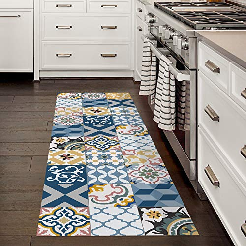 STORESDECO - Vinyl Teppich VinylFloor, Bedruckter Teppich und Anti-Rutsch-Teppich aus PVC, Ideal für Küche, Wohnzimmer, Badezimmer | Blaue, 80 cm x 140 cm